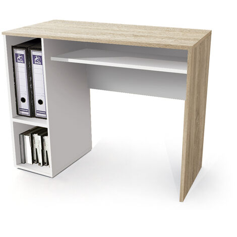 Bureau droit LOFTER - L160 cm - Plateau imitation chêne clair - pied Blanc Pas  Cher