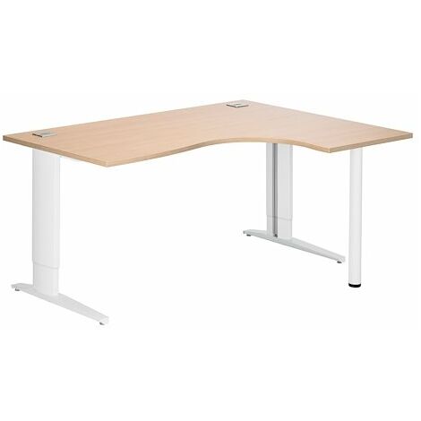 Bureau compact chêne clair L 160 cm retour à droite piètement L réglable métal Plus blanc Essens - Maxiburo