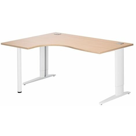 Bureau compact chêne clair L 160 cm retour à gauche piètement L réglable métal Plus blanc Essens - Maxiburo