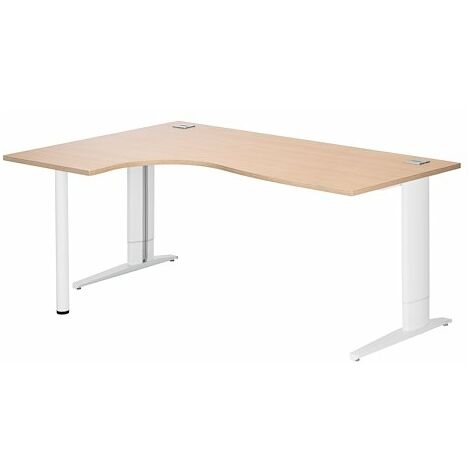 Bureau compact chêne clair L 180 cm retour à gauche piètement L réglable métal Plus blanc Essens - Maxiburo