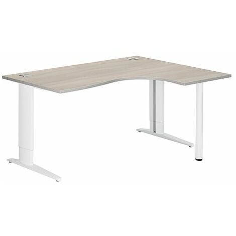 Bureau compact chêne gris L 160 cm retour à droite piètement L réglable métal Plus blanc Essens - Maxiburo