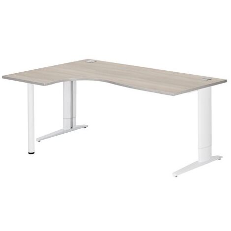 Bureau compact chêne gris L 180 cm retour à gauche piètement L réglable métal Plus blanc Essens - Maxiburo