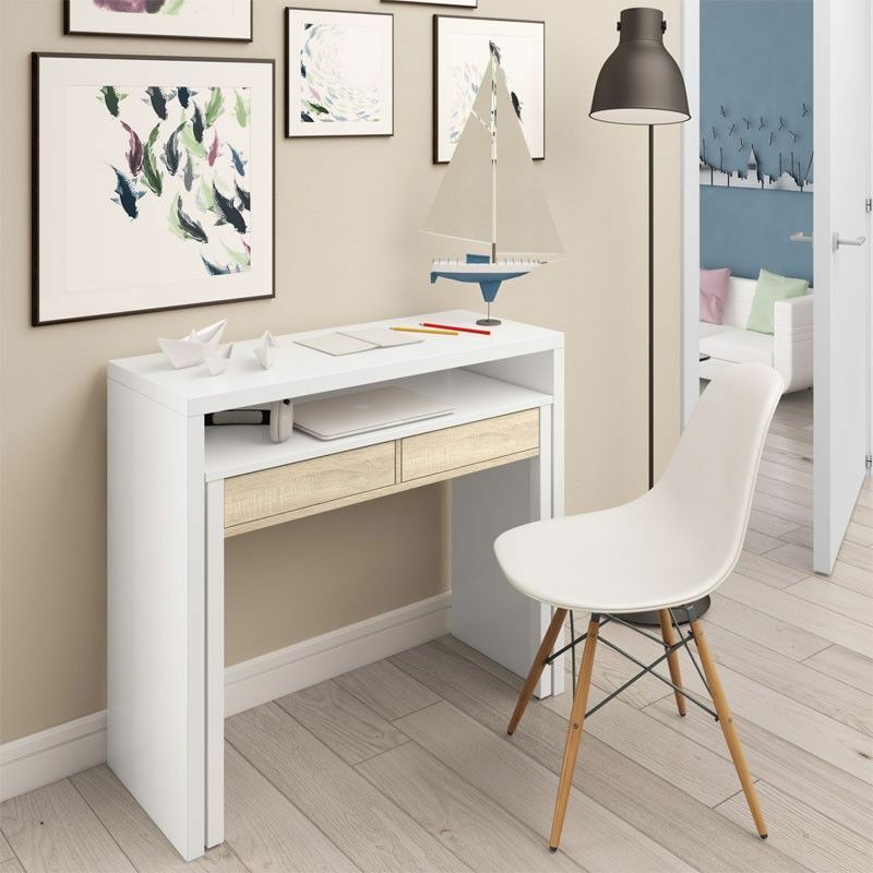 Usinestreet - Bureau mobile Madrid. Table console extensible 99 cm (largeur) x 88 cm (hauteur) x 36 cm (profondeur) - Chêne Canadien - Artik Blanc
