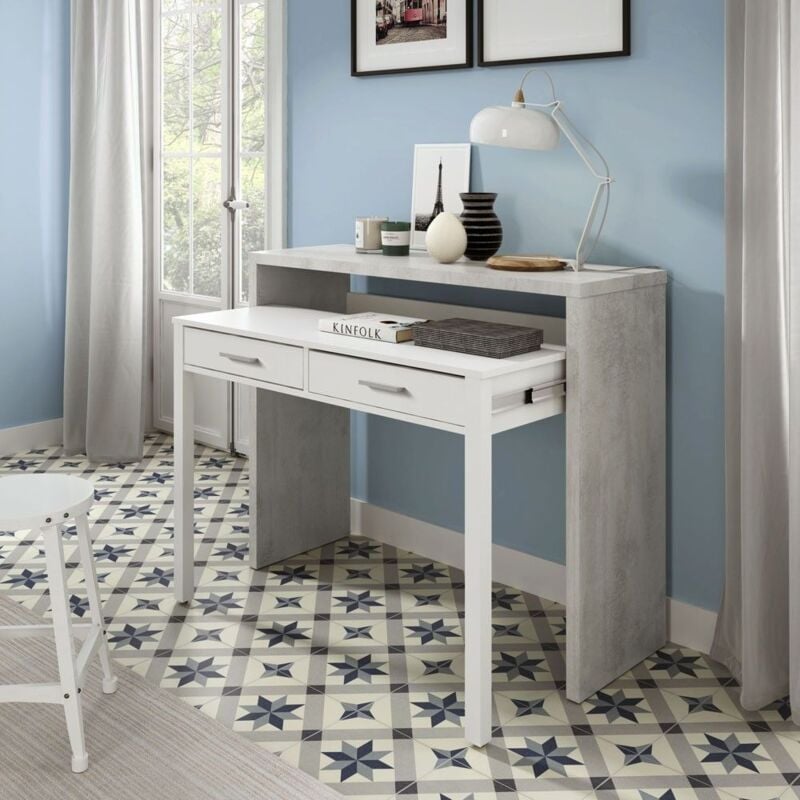 Usinestreet - Console de bureau mobile 99 cm (largeur) x 88 cm (hauteur) x 36 cm (profondeur) - Artik Blanc - Ciment