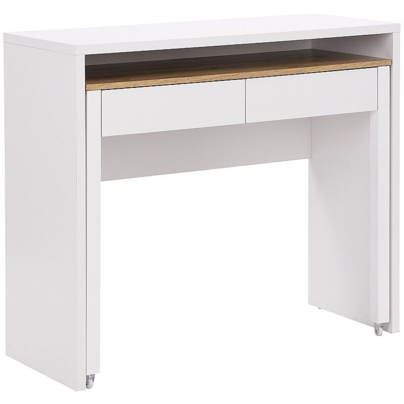 Vente-unique - Bureau console extensible avec 2 tiroirs - Blanc et naturel - loavia
