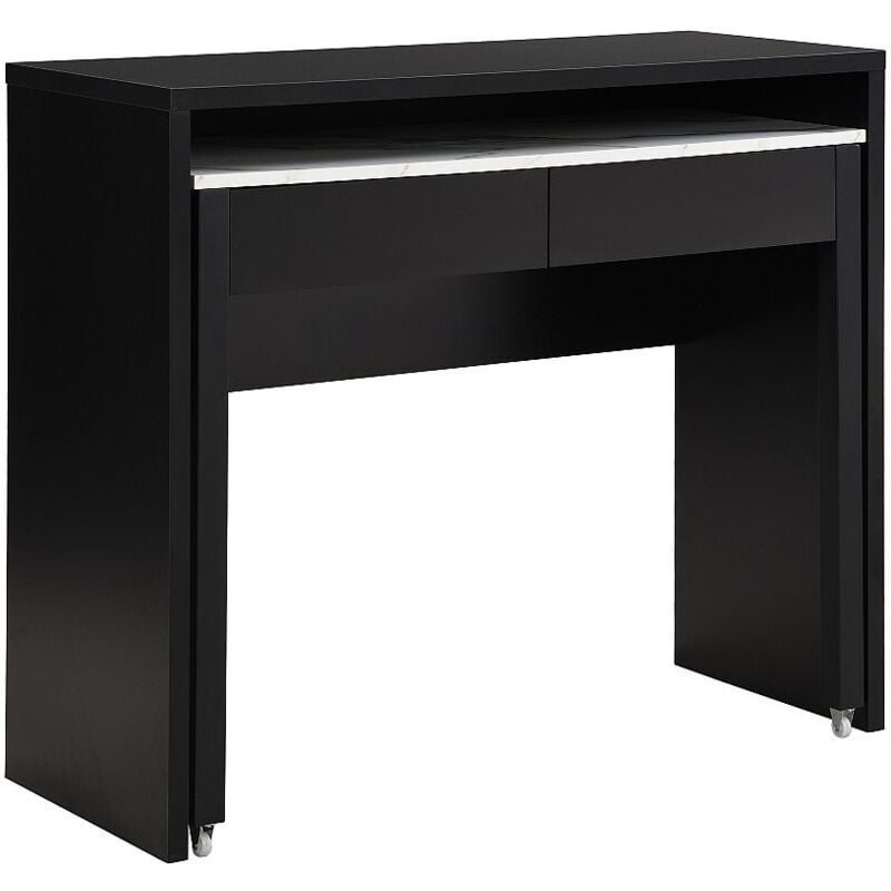 Vente-unique - Bureau console extensible avec 2 tiroirs - Noir et effet marbre blanc - loavia
