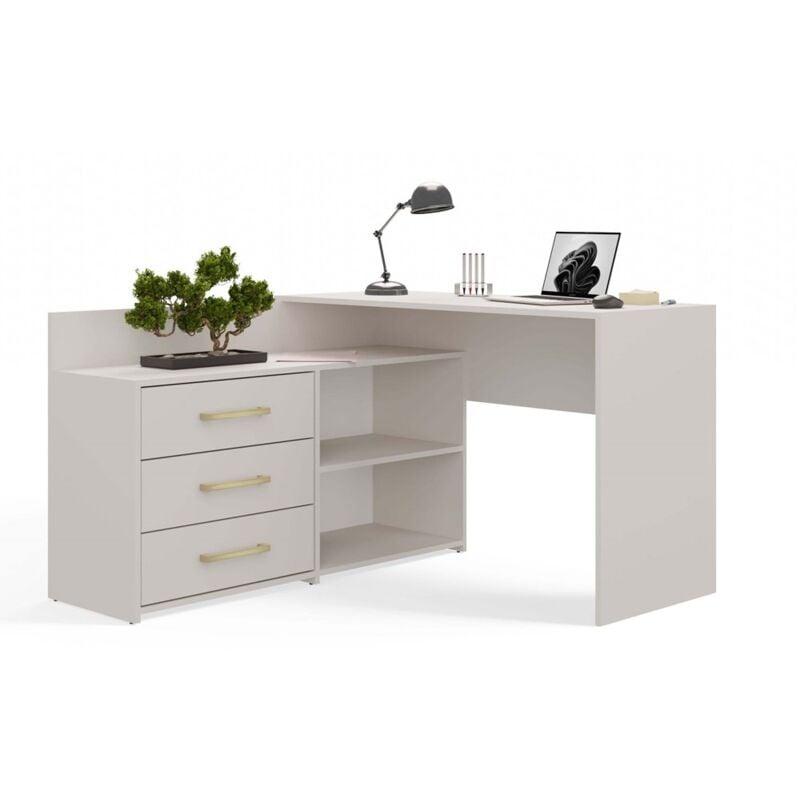 MOLINE - Bureau d'angle avec rangement - 3 tiroirs + 2 etagères - 120x50x76 cm - Bureau d'ordinateur - Beige