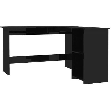 Bureau d'angle 1 tiroir 2 étagères bois noir brillant Jayden