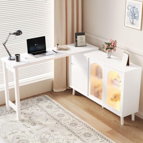 Bureau d'angle 115x27x93 cm - Buffet avec Bureau Pliable 2-en-1, Chargeur sans Fil, roulettes et Protection Anti-Basculement - Blanc Brillant