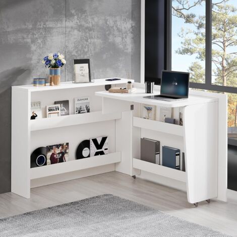 Bureau d'angle 115x27x93 cm - Buffet avec Bureau Pliable 2-en-1, Chargeur sans Fil, roulettes et Protection Anti-Basculement - Blanc Brillant