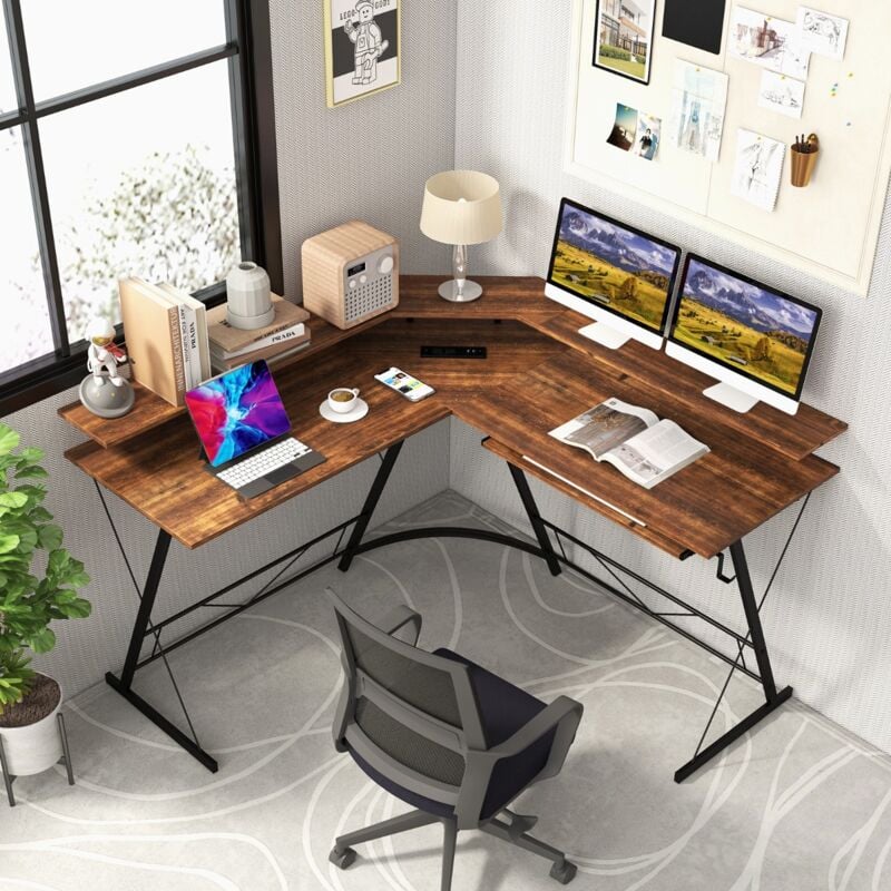 Design In - Bureau d'Angle 130 cm avec Prise de Courant, Support Écran, Ergonomique, Marron CW43580