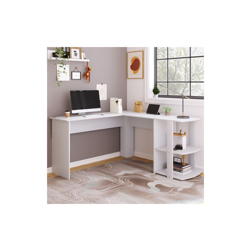Wishdor - Bureau d'angle 140 cm en l avec 2 étagères, blanc