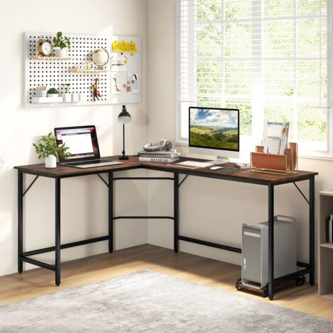 Bureau d’Angle 168 cm avec Prise de Courant, Support UC, Cadre Métal, Marron CW32454