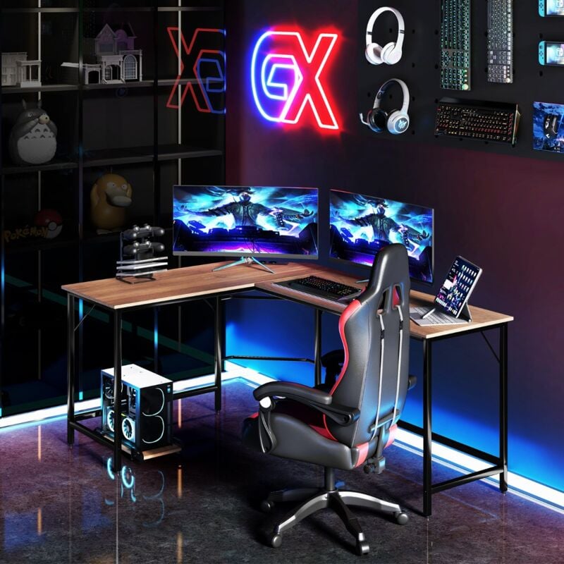 Design In - Bureau d'Angle 168 cm avec Prise de Courant, Support uc, Cadre Métal, Naturel CW58170