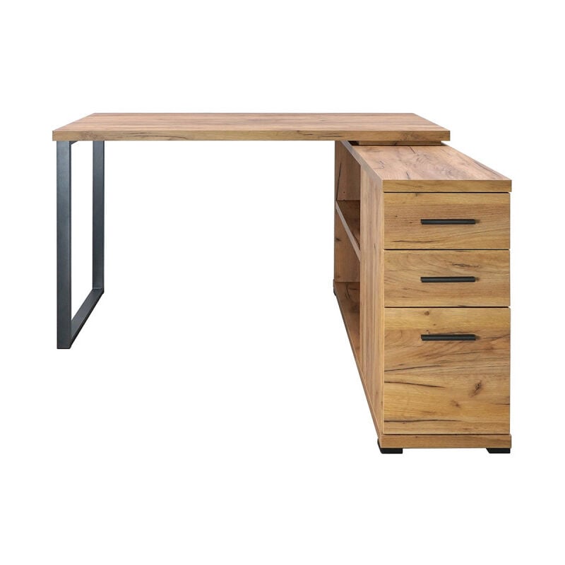 Bureau d'angle 2 tiroirs 1 porte 1 étagère Elton pied métal