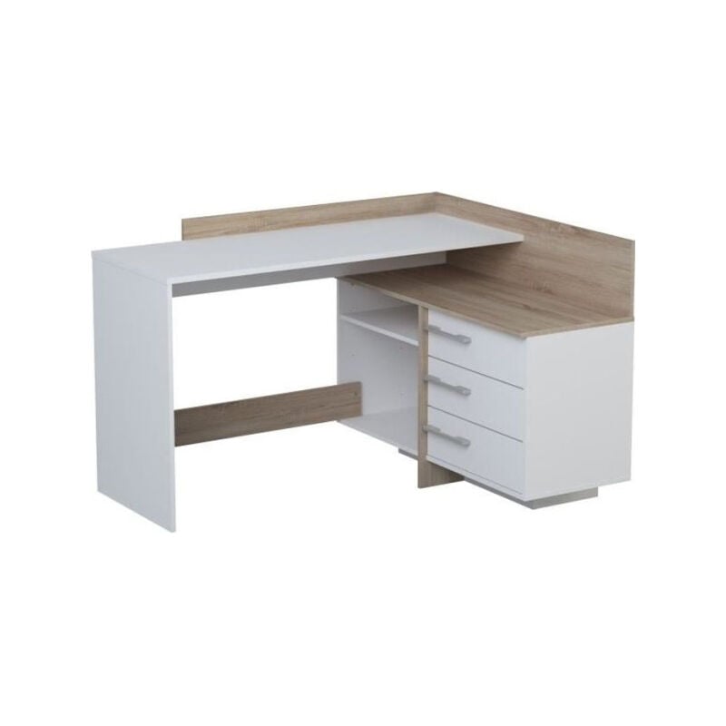 Demeyere - Bureau d'angle 3 tiroirs - Décor chene et blanc - l 128,5 x p 105,7 x h 83,2 cm - thales