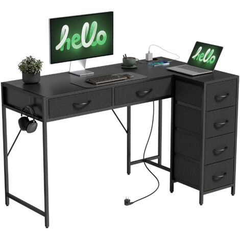 Bureau d'angle 6 tiroirs avec crochet latéral et prises intégrées, en bois et acier, 126x48x80 cm, noir