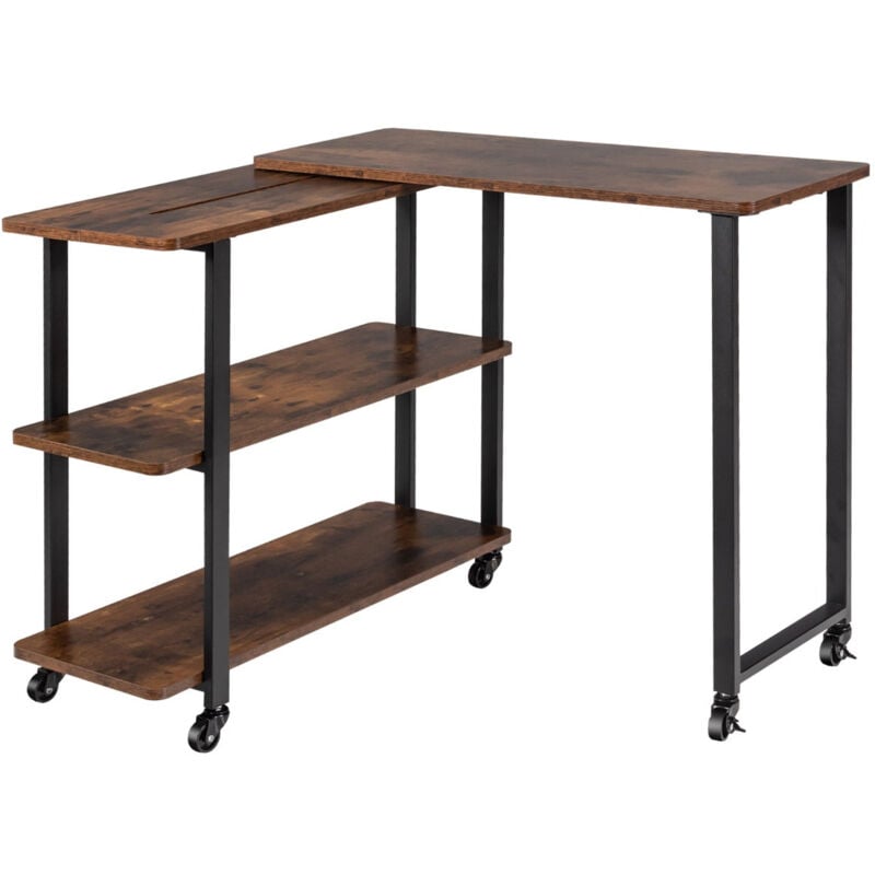 Helloshop26 - Bureau d'angle à roulettes pour ordinateur bureau en forme l avec 3 etagères cadre en métal café