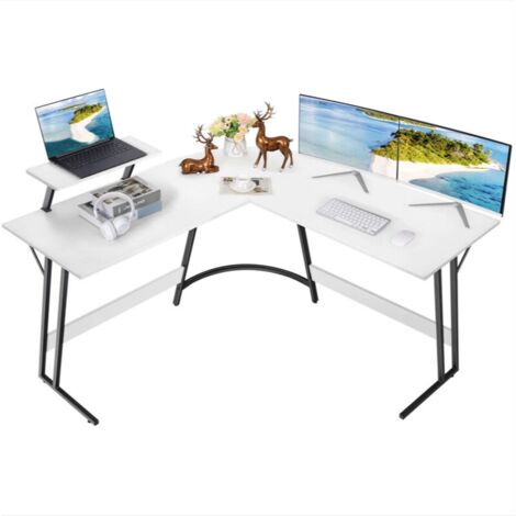 Bureau d'angle Angle en forme de l avec support à deux couches acier ergonomique bois matériel blanc 130cm Devoko