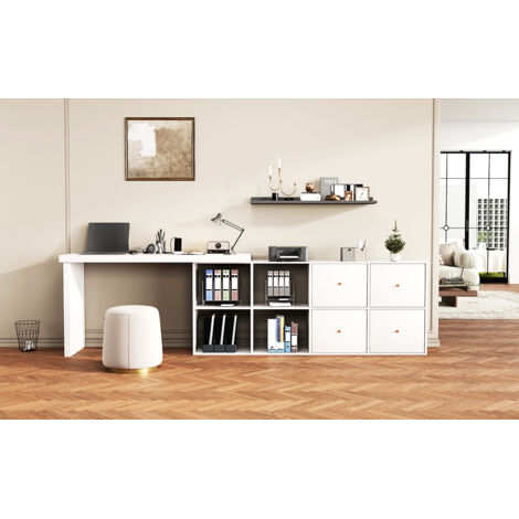 Bureau d'angle avec 4 compartiments, 4 tiroirs, plateau pivotant à 360°, en MDF blanc
