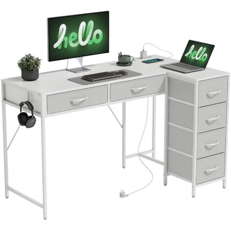 Bureau d'angle avec 6 tiroirs, crochet latéral et prises intégrées, en bois et acier, 126x48x80 cm, blanc