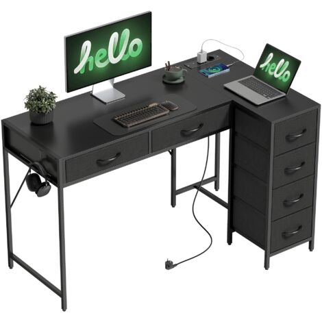 Bureau d'angle avec 6 tiroirs, crochets latéraux et prises intégrées, en bois et acier, 126x48x80 cm, noir.