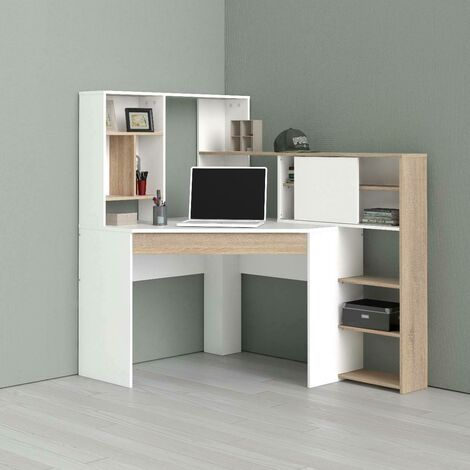 Bureau D Angle Avec Etageres Couleur Blanche Et Chene 138 4 X 141 1 X 101 6 Cm 8052773484374