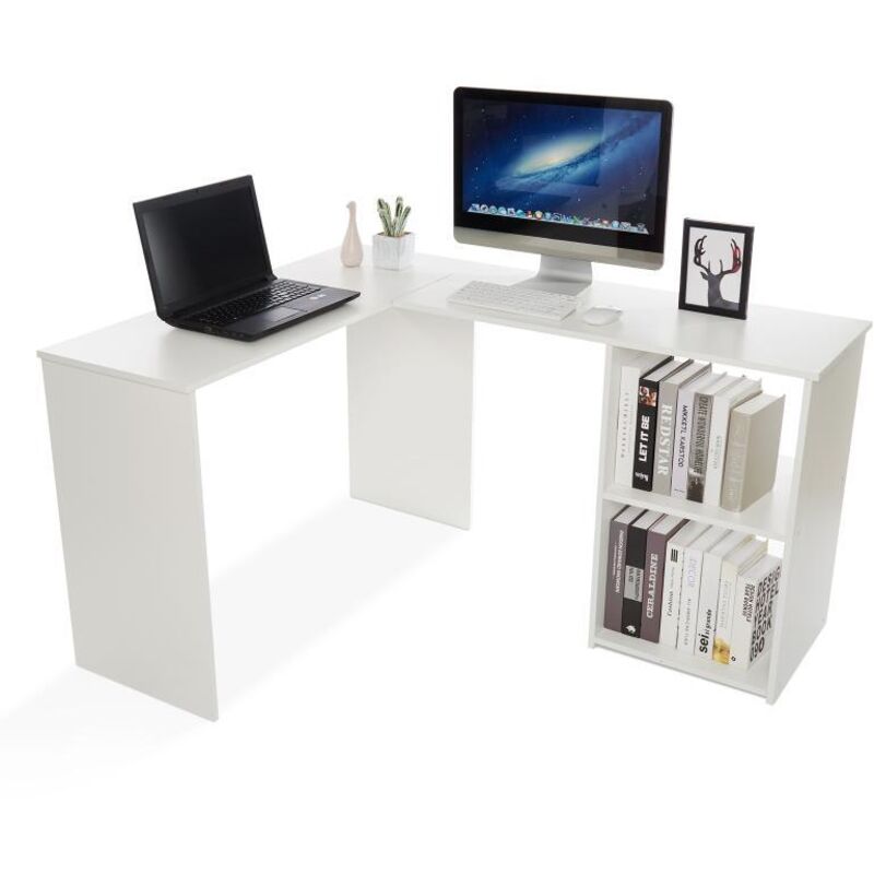 Bureau d'angle avec Rangement 2 Étagères,bureau informatique, bureau d'ordinateur, Bois, Blanc-Mondeer