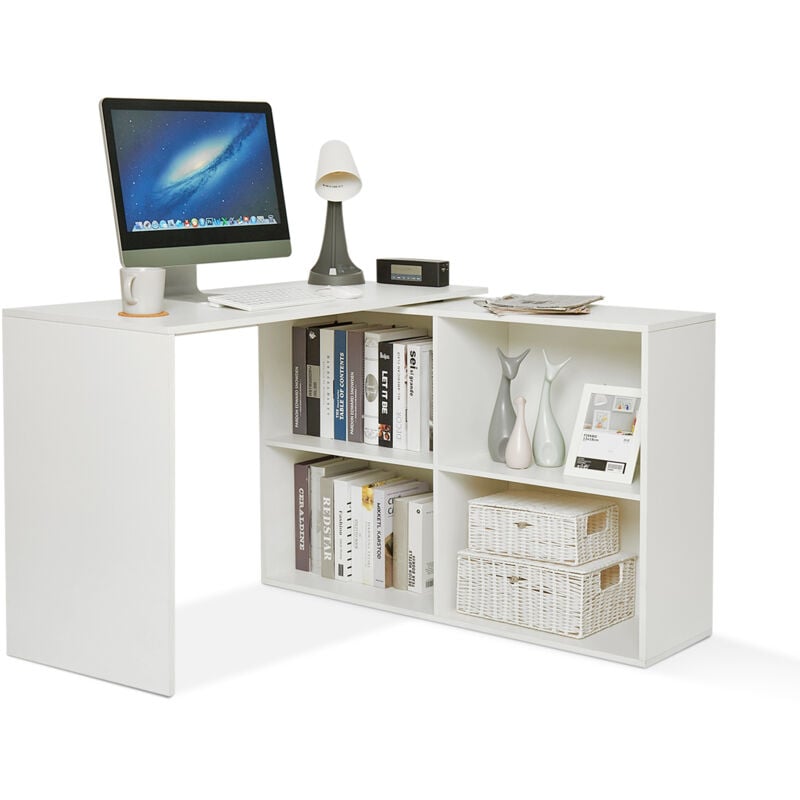 Bureau d'angle avec Rangement 4 Étagères angulaire réversible bureau informatique Bois Blanc Mondeer