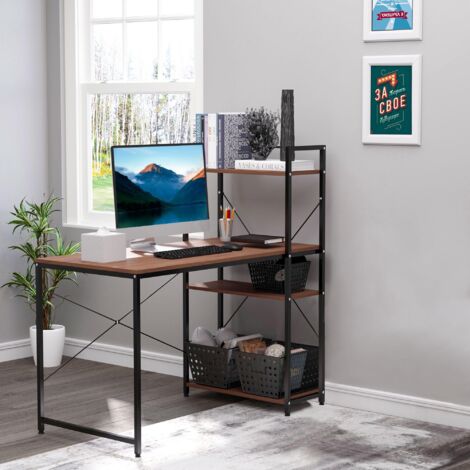 Bureau d'angle avec rangement design Industriel avec bibliothèque 3 étagères panneaux particules aspect noyer métal noir