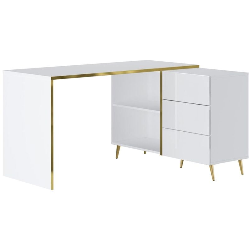 Vente-unique - Bureau d'angle avec tiroirs et niches - Blanc brillant et doré - marzialo