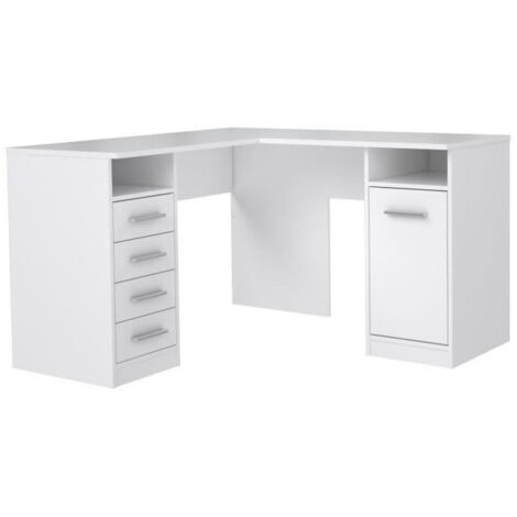 Bureau d'angle blanc 1 porte 4 tiroirs – Bois mélaminé décor papier – L 125 x P 125 x H 75 cm – Pour espaces de travail à domicile