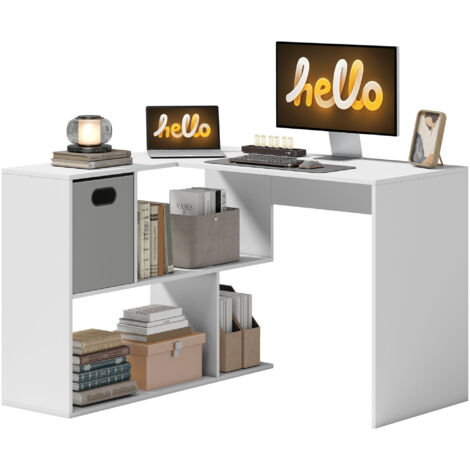 Bureau d'angle blanc 110x100x75 cm avec tiroir en tissu et étagères ouvertes
