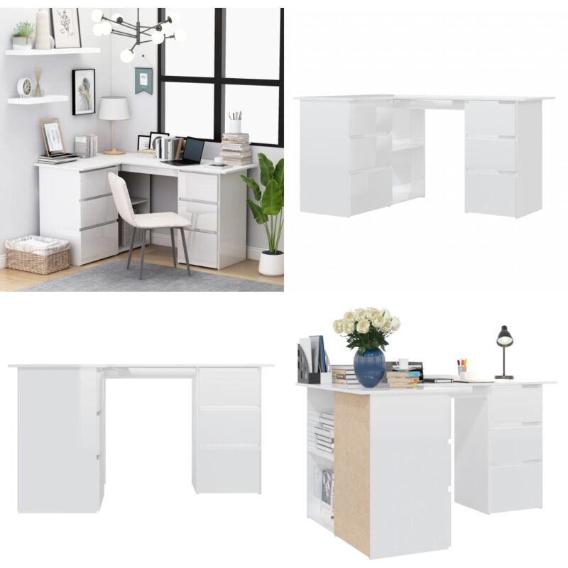 Vidaxl - Bureau d'angle Blanc brillant 145x100x76 cm Bois d'ingénierie - Bureau D'angle - Bureau Informatique - Meuble De Bureau - Bureau Design