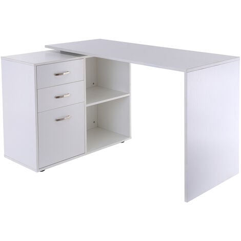 Bureau d'angle bureau droit modulable 2 en 1 bureau informatique tiroirs x 3 + 2 niches MDF blanc