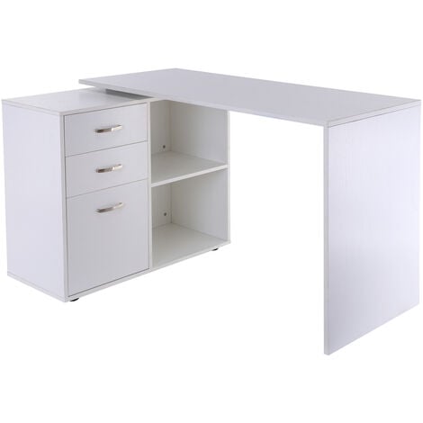 Bureau d'angle bureau droit modulable 2 en 1 bureau informatique tiroirs x 3 + 2 niches MDF blanc - Blanc