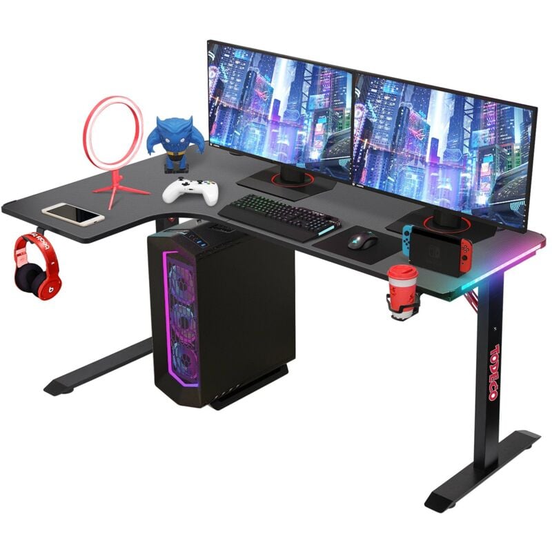 Todeco - Bureau d'angle, Bureau en l Bureau Gaming led 140 x 100cm, Grande Bureau Gamer avec Un Plateau en Fibre de Carbone, avec Porte-gobelet et