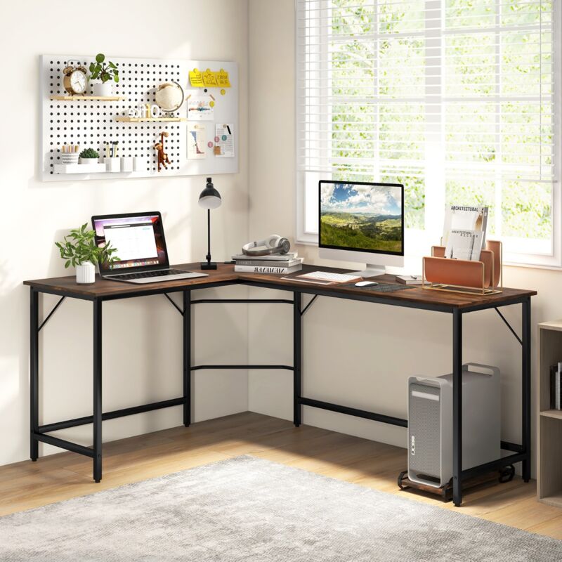 Maisonchic - Bureau d'Angle, Bureau Informatique 168 cm avec Prise de Courant, Support uc, Cadre Métal, Marron CW2332 design in