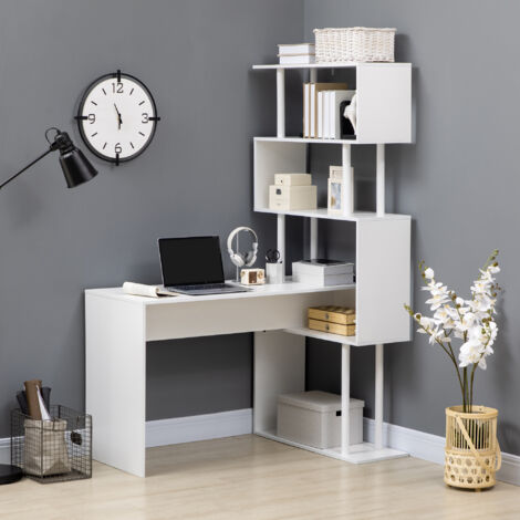 Bureau d'angle bureau informatique en forme de L avec étagères à 4 niveaux en bois 120 x 80 x 176 cm blanc