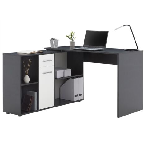 Bureau d'angle CARMEN avec meuble de rangement, décor béton foncé et blanc mat