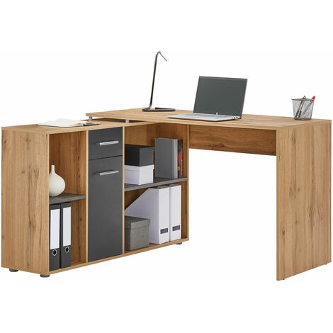 Bureau d'angle CARMEN avec meuble de rangement, décor chêne sauvage et béton foncé