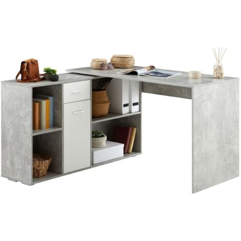 Bureau d'angle CARMEN table avec meuble de rangement intégré et modulable 4 étagères 1 porte et 1 tiroir, béton foncé/blanc - Béton foncé/Blanc