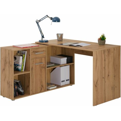 Bureau d'angle CARMEN table avec meuble de rangement intégré et modulable 4 étagères 1 porte et 1 tiroir, béton foncé/blanc - Béton foncé/Blanc
