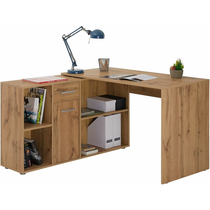 Idimex - Bureau d'angle carmen table avec meuble de rangement intégré et modulable avec 4 étagères 1 porte et 1 tiroir, décor chêne sauvage - Chêne