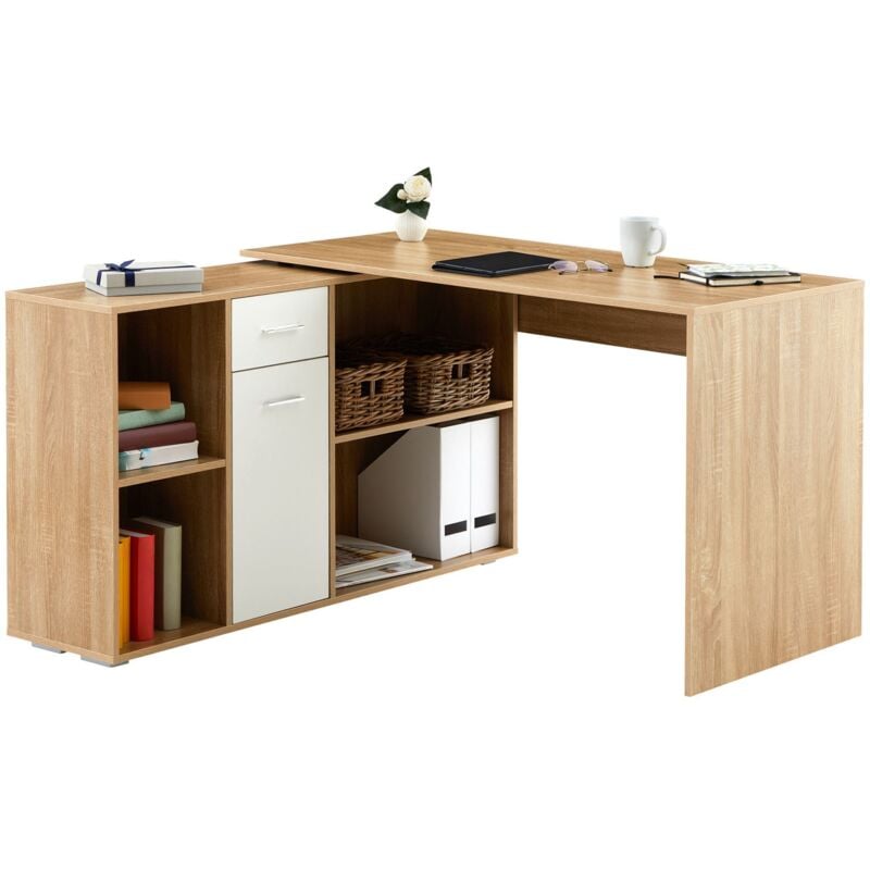 Bureau d'angle carmen table avec meuble de rangement intégré 4 étagères 1 porte et 1 tiroir, décor chêne sauvage/blanc - Chêne sauvage/Blanc