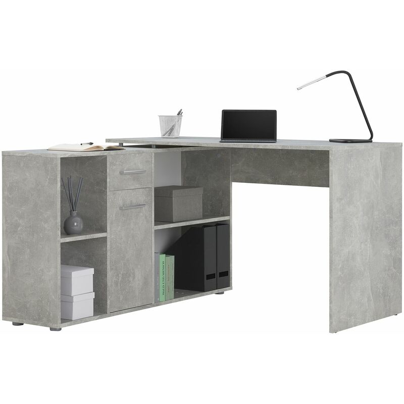 Bureau d'angle carmen table avec meuble de rangement intégré et modulable 4 étagères 1 porte et 1 tiroir, décor béton - couleur béton