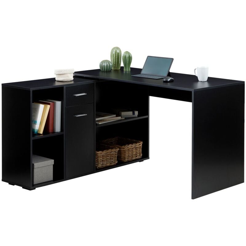 Bureau d'angle carmen bureau modulable avec meuble de rangement intégré 4 étagères 1 porte et 1 tiroir, décor noir mat - Noir