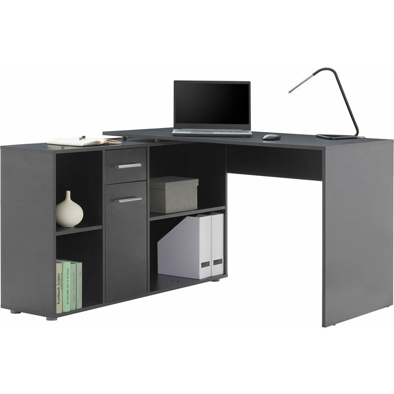 Idimex - Bureau d'angle carmen table avec meuble de rangement intégré et modulable 4 étagères 1 porte et 1 tiroir, décor béton foncé - Béton foncé