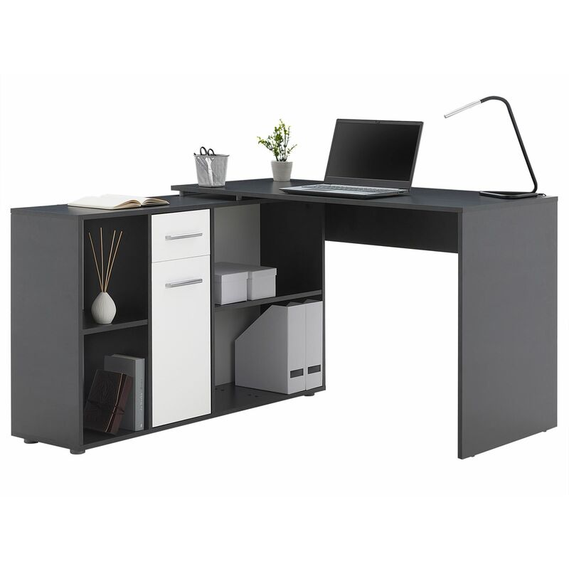 Idimex - Bureau d'angle carmen table avec meuble de rangement intégré et modulable 4 étagères 1 porte et 1 tiroir, béton foncé/blanc - Béton
