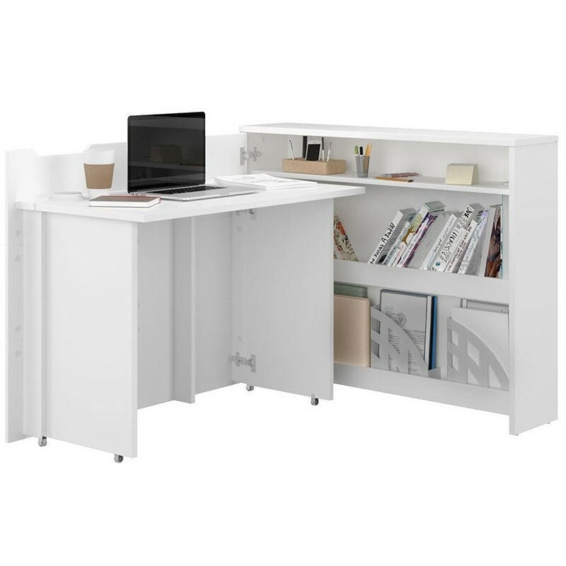 Mobilier1 - Bureau d'angle Concept Pro Lenart Levfere 158, Blanc + Blanc brillant, Angulaire, Le nombre de portes: 0, Nombre de tiroirs: 0,
